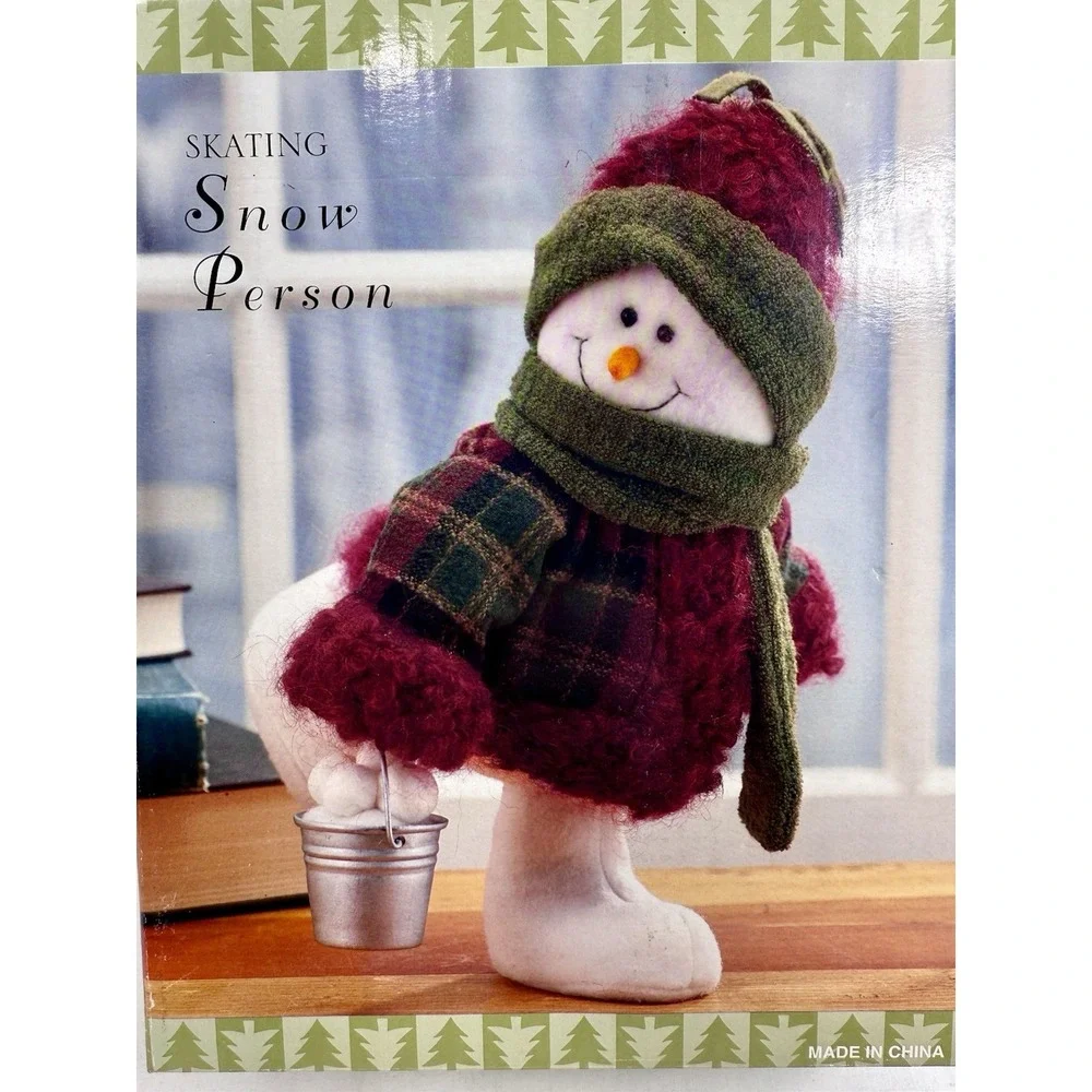 Lot of 3 Skating Snow Person Plush Decor Figures Bucket Sign Garland Skates 9.5